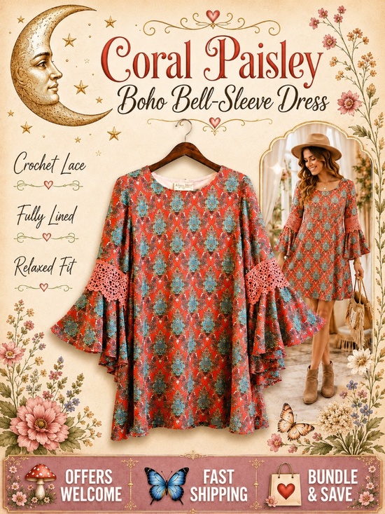 Lady Noiz Dresses & Skirts - Lady Noiz Coral Paisley Boho Dress Bell Sleeves Crochet Lace Small